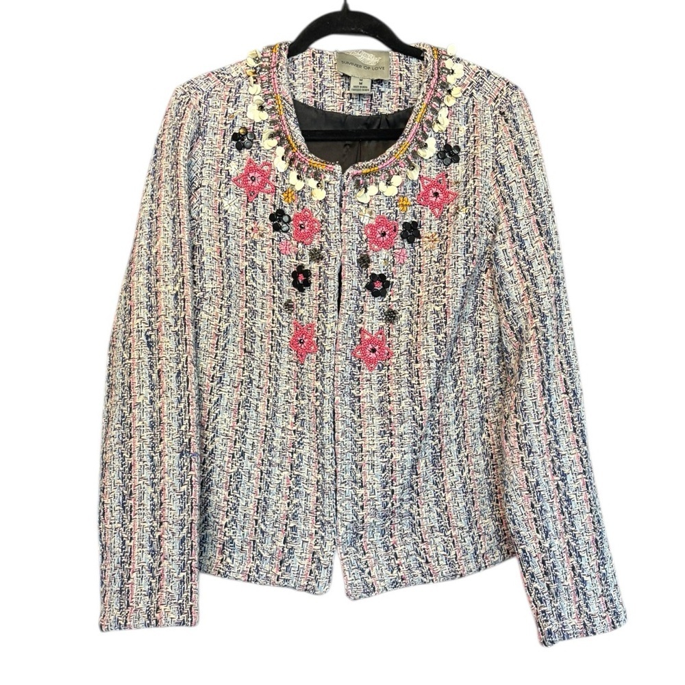 Anthropologie Summer of Love Tweed Beaded Jacket Pink Blue Size Med Boho - Picture 3 of 10
